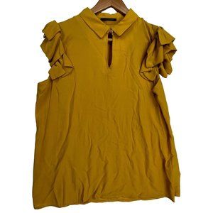 T Tahari Notched Neck Flutter Sleeve Yellow Orange Blouse Womens Large NWOT